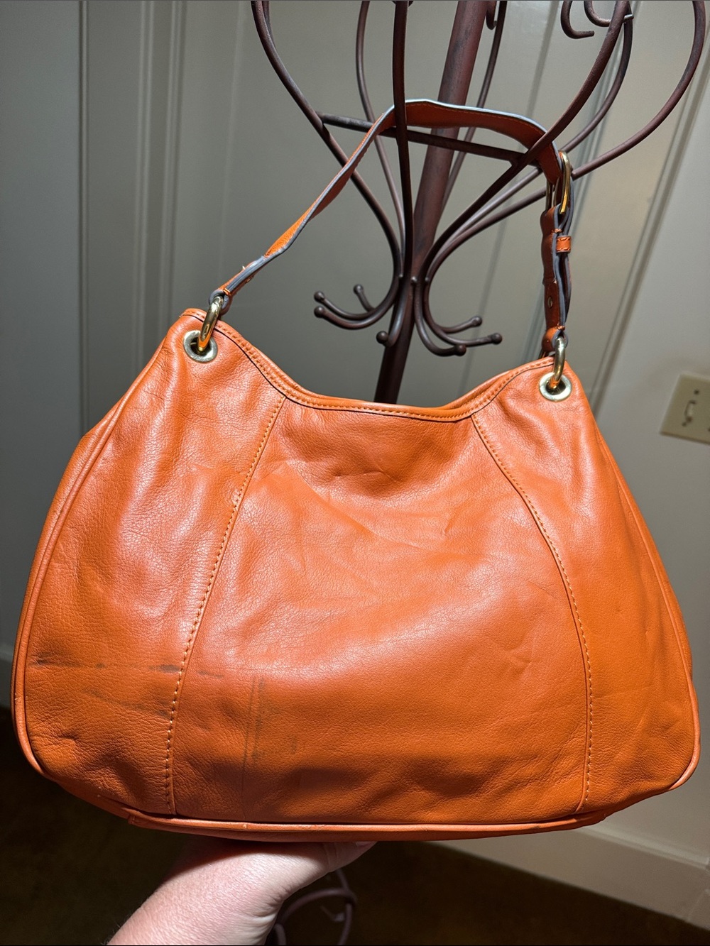 Burnt Orange Leather Shoulder Bag with Embossed Round Logo - Picture 6 of 12